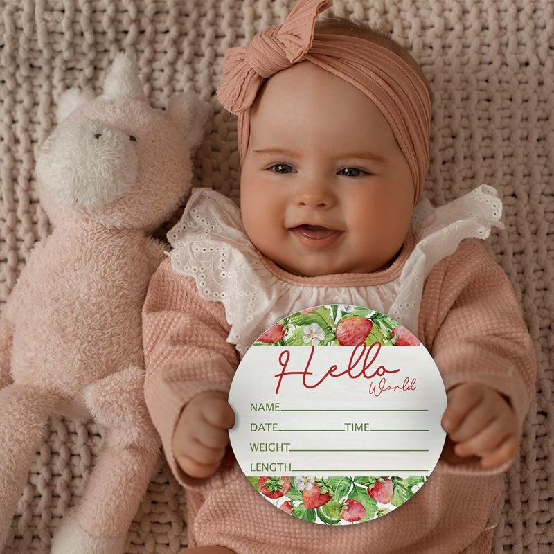 CLHHM Hello World Strawberry Theme Baby Name Sign Birth Announcement Plaque with Name Date Weight 6" Round Birch Wood Nursery Decor Newborn Hospital Keepsake Gift for Parents - Image 3
